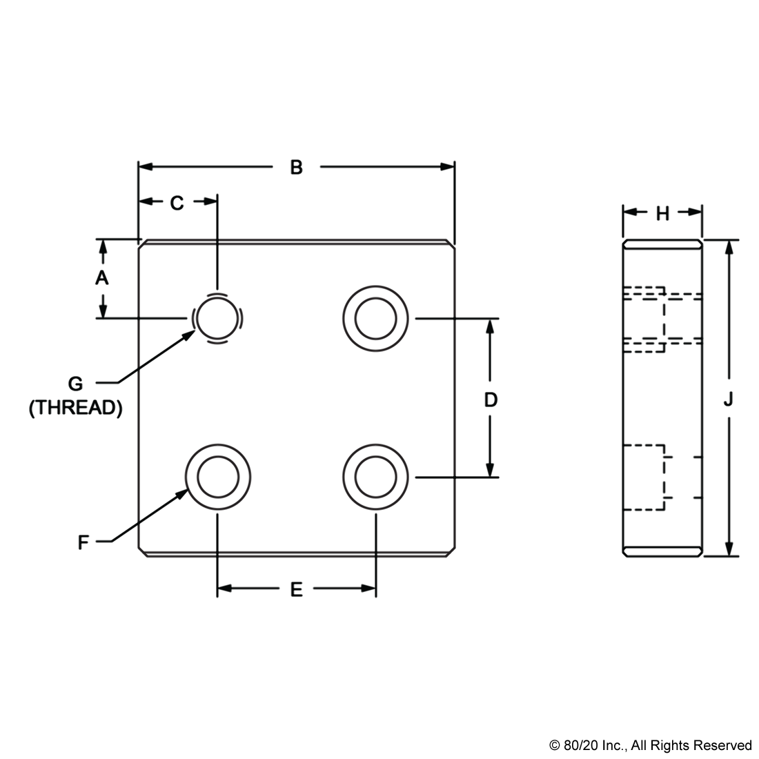 10 SERIES 4 HOLE - OFFSET TAP BASE PLATE: 2.00" X 2.00" WITH 7/16-14 CORNER TAP