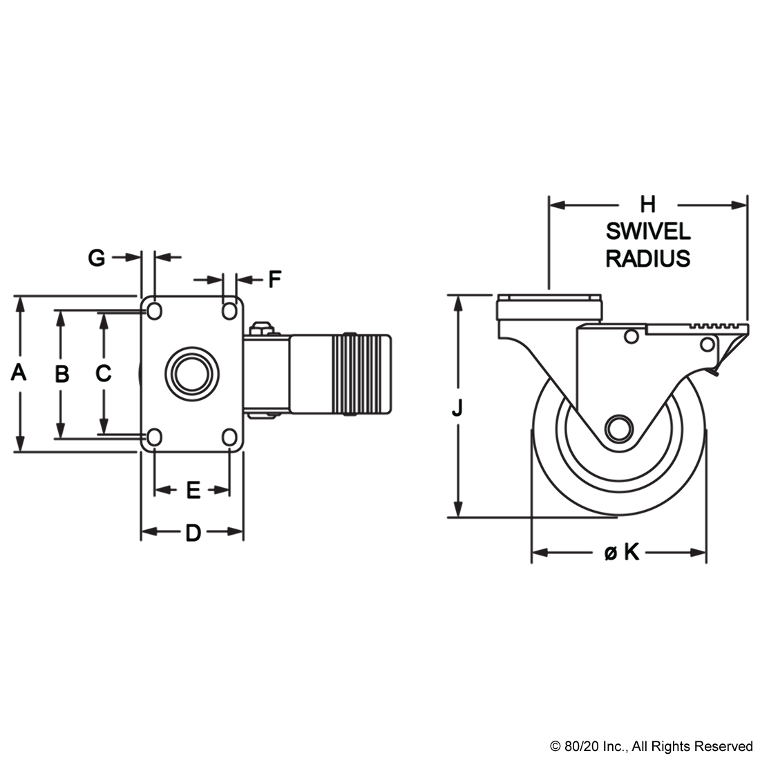 DELUXE FLANGE MOUNT SWIVEL CASTER: 4.00" WITH BRAKE