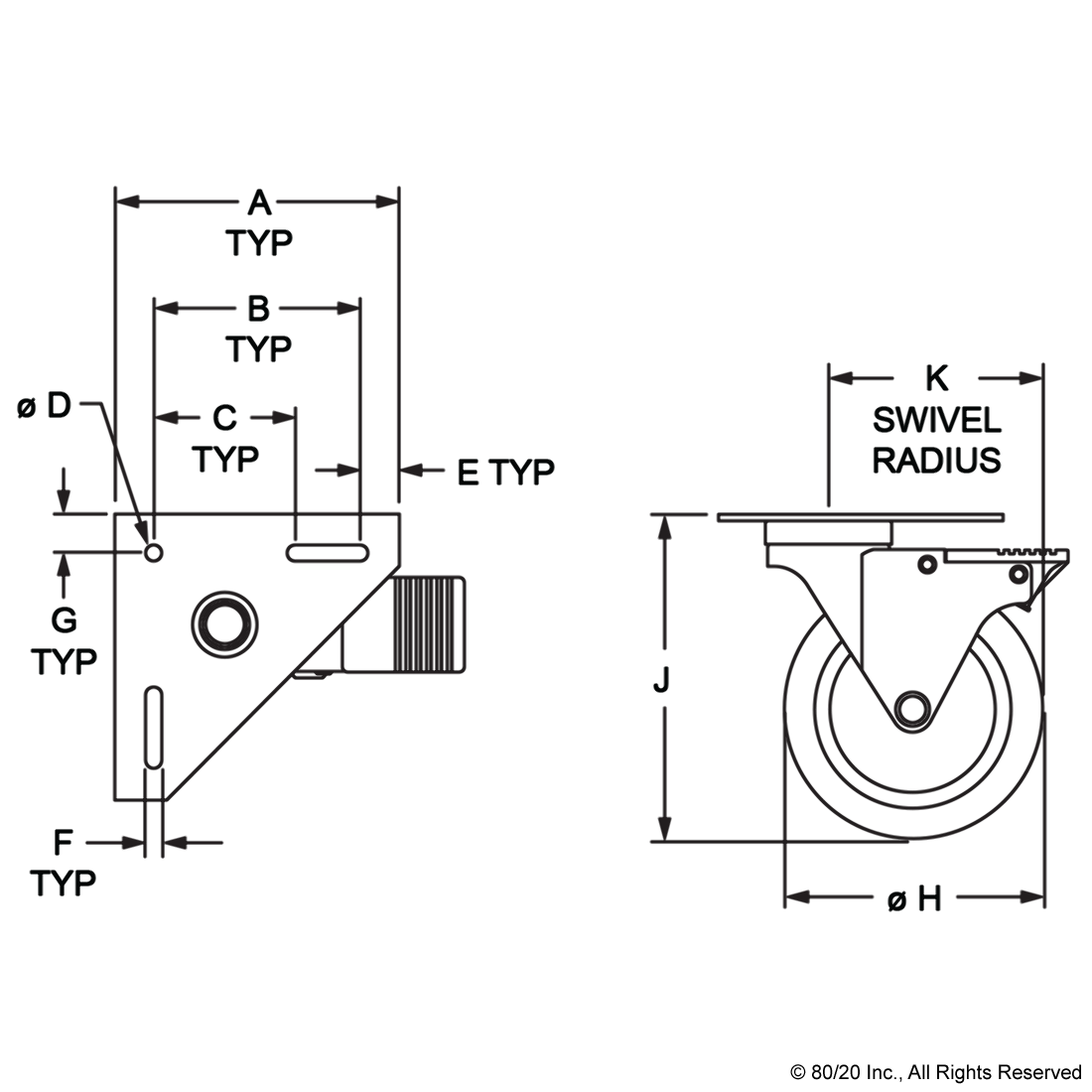 30, 40 & 45 SERIES TRIANGULAR TOP PLATE CASTER: 117.48MM SWIVEL RADIUS,