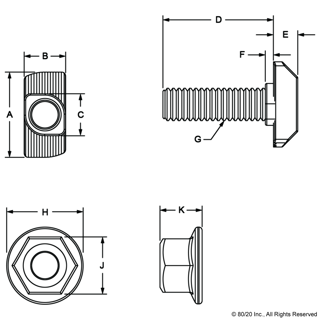 M8 X 30.00MM DROP-IN T-SLOT STUD WITH FLANGED HEX NUT