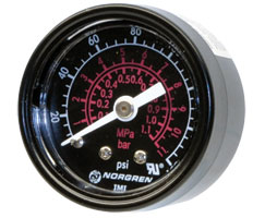 Gauge, 1/8" ISO R threads, 0 to 360 PSI range, center back connection