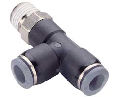 Swivel side tee adapter, 1/4" tube O/D, 10/32" NPT thread