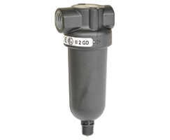 F07 Series, miniature general purpose filter, 1/4" NPT ports, 5 µm, manual drain, metal bowl