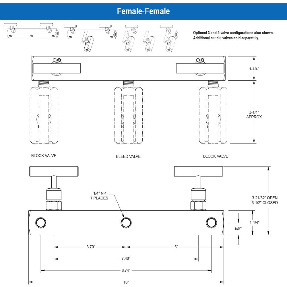 2180 Series Flange-Female Stainless Steel Valve Type Meter 2 Manifold Valve with Soft Seat