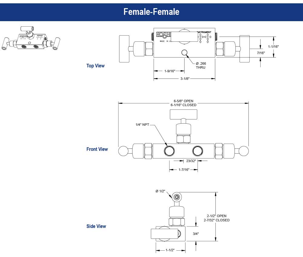 3610 Series 10,000 psi Rating 0.141 in. Orifice Differential Pressure Mini 3 Manifold Valve with Hard Seat
