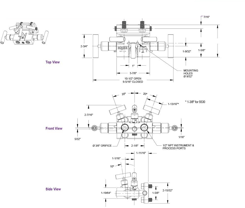 5530 Series Zinc-Nickel Plated Carbon Steel 0.375 in. Orifice Natural Gas 5 Manifold Valve with Soft Seat/Tip