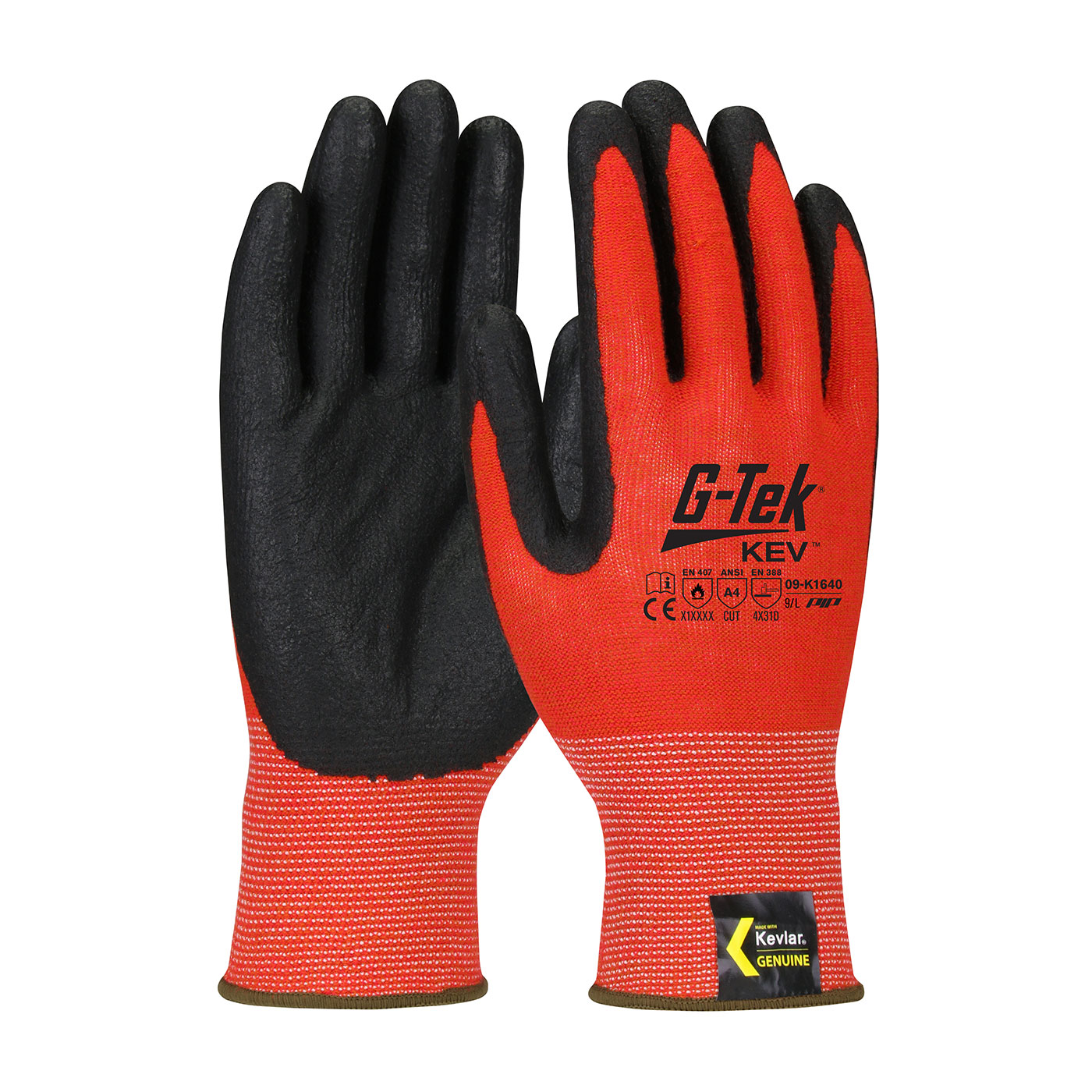 HI-VIS SEAMLESS KNIT KEVLAR® BLENDED GLOVE WITH NITRILE COATED FOAM GRIP ON PALM & FINGERS