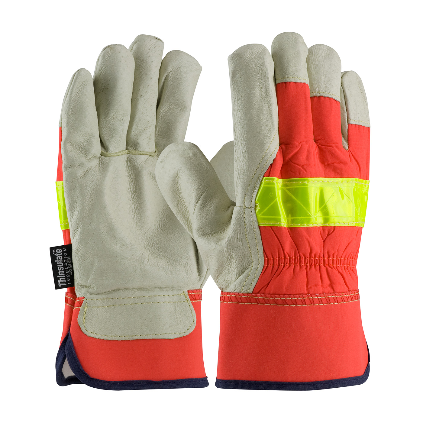 PIGSKIN LEATHER PALM GLOVE WITH HI-VIS NYLON BACK AND 3M™ THINSULATE™ LINING - RUBBERIZED SAFETY CUFF