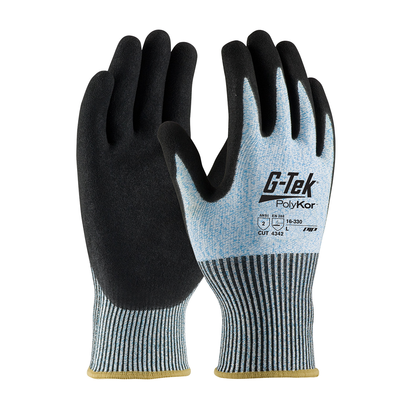 SEAMLESS KNIT POLYKOR® BLENDED GLOVE WITH DOUBLE-DIPPED NITRILE COATED MICROSURFACE GRIP ON PALM & FINGERS