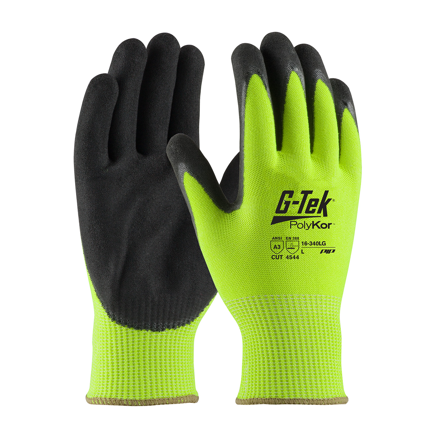 HI-VIS SEAMLESS KNIT POLYKOR® BLENDED GLOVE WITH DOUBLE-DIPPED NITRILE COATED MICROSURFACE GRIP ON PALM & FINGERS