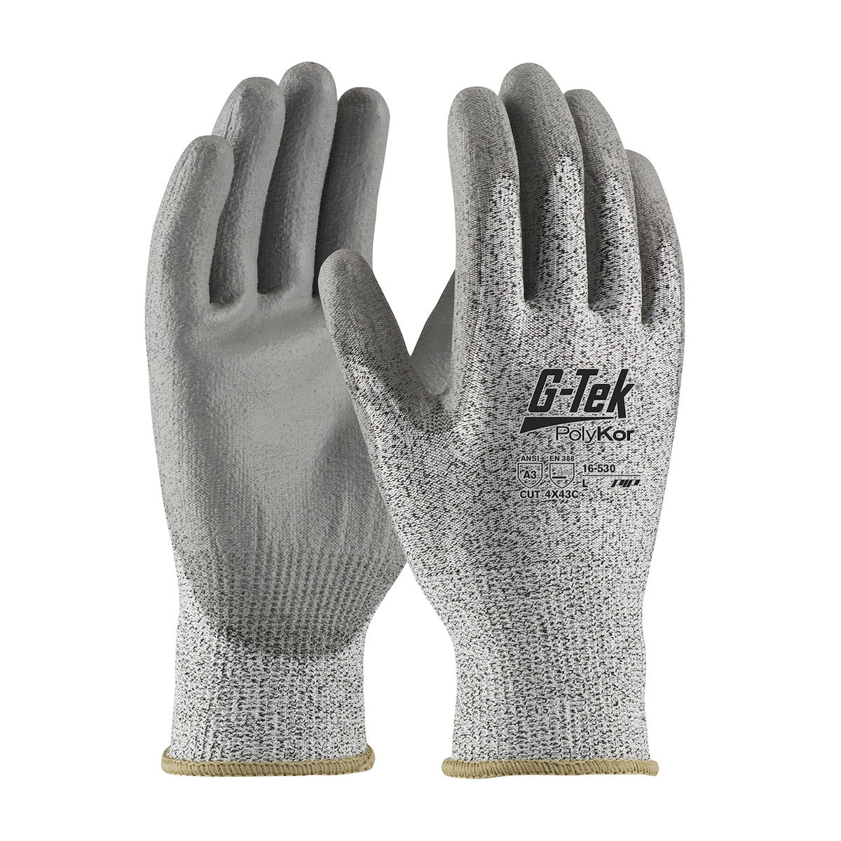 SEAMLESS KNIT POLYKOR® BLENDED GLOVE WITH POLYURETHANE COATED FLAT GRIP ON PALM & FINGERS