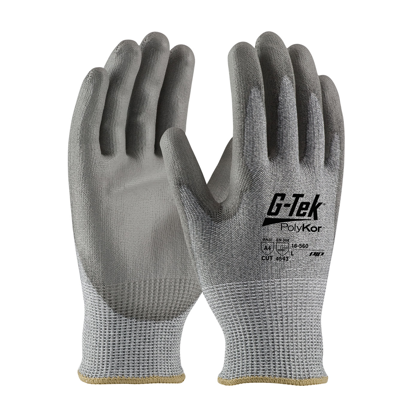 SEAMLESS KNIT POLYKOR® BLENDED GLOVE WITH POLYURETHANE COATED FLAT GRIP ON PALM & FINGERS
