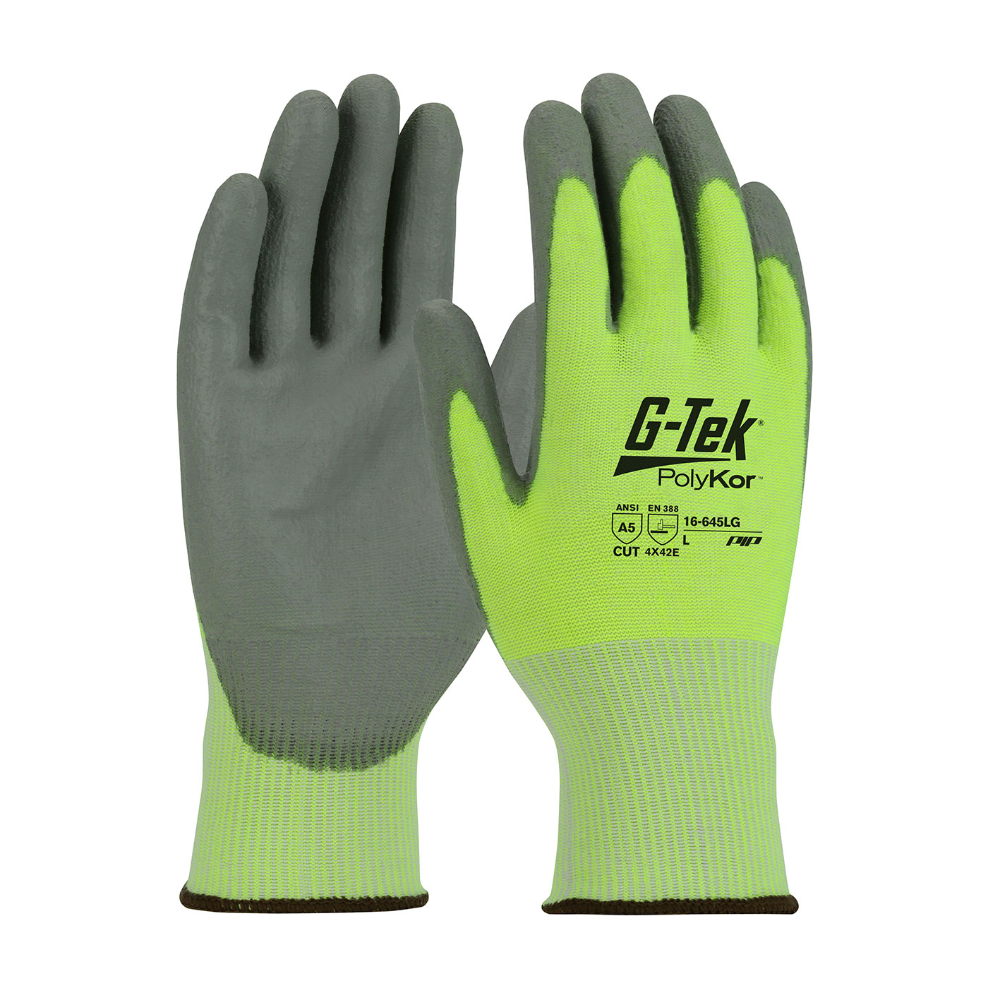 SEAMLESS KNIT POLYKOR® BLENDED GLOVE WITH POLYURETHANE COATED FLAT GRIP ON PALM & FINGERS