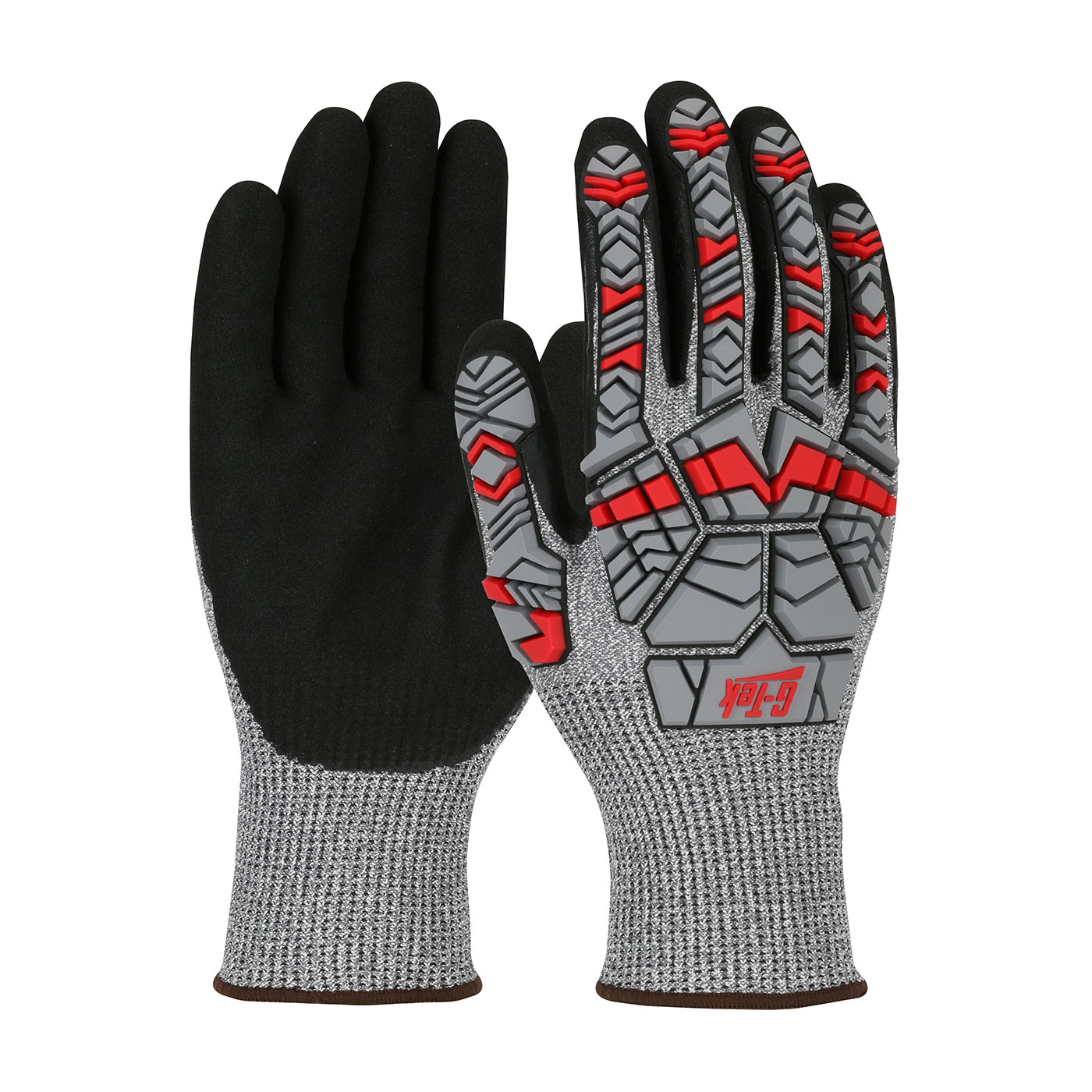 SEAMLESS KNIT POLYKOR® BLENDED GLOVE WITH IMPACT PROTECTION AND DOUBLE-DIPPED NITRILE COATED MICROSURFACE GRIP ON PALM & FINGERS