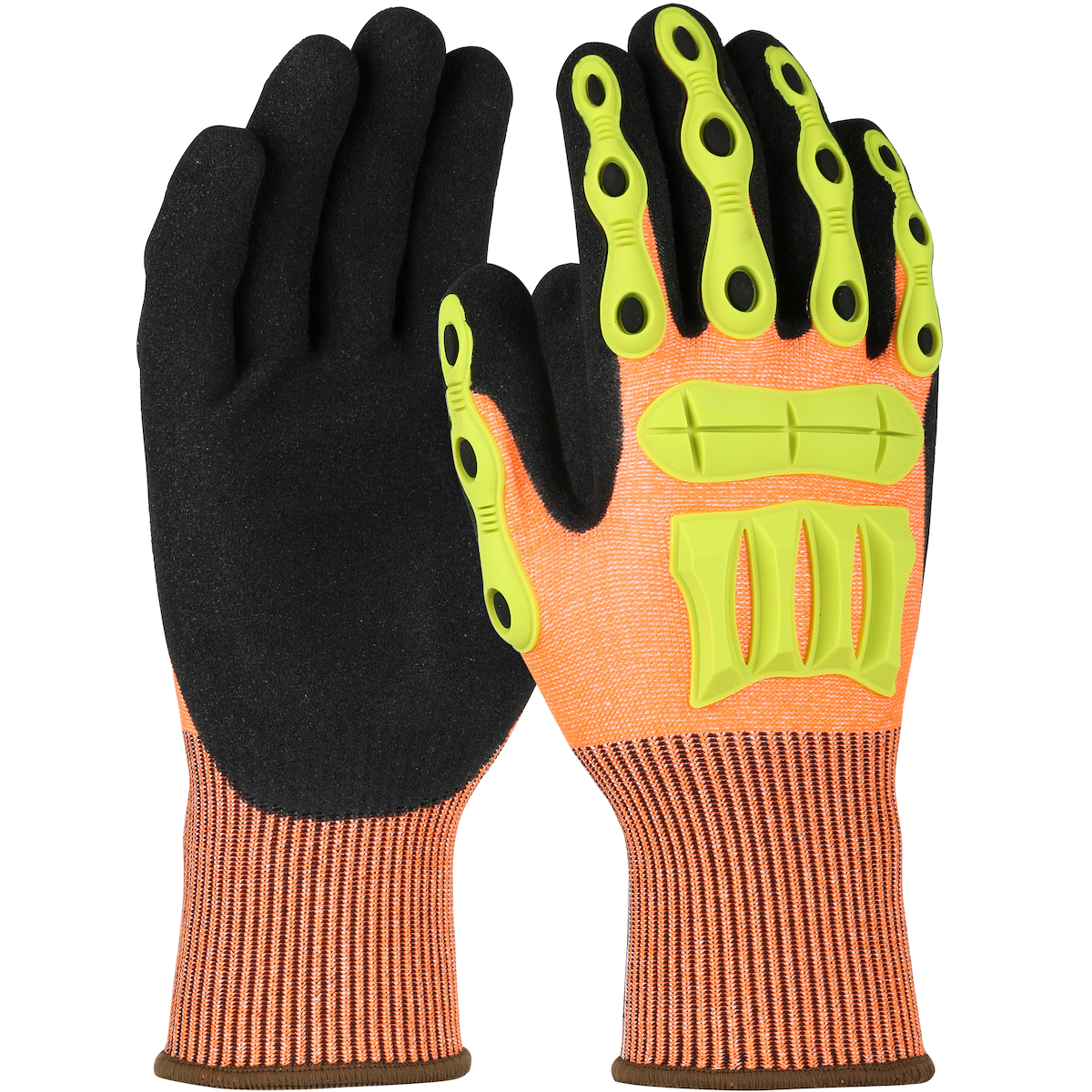 SEAMLESS KNIT HPPE BLENDED GLOVE WITH IMPACT PROTECTION AND SANDY NITRILE COATED PALM & FINGERS