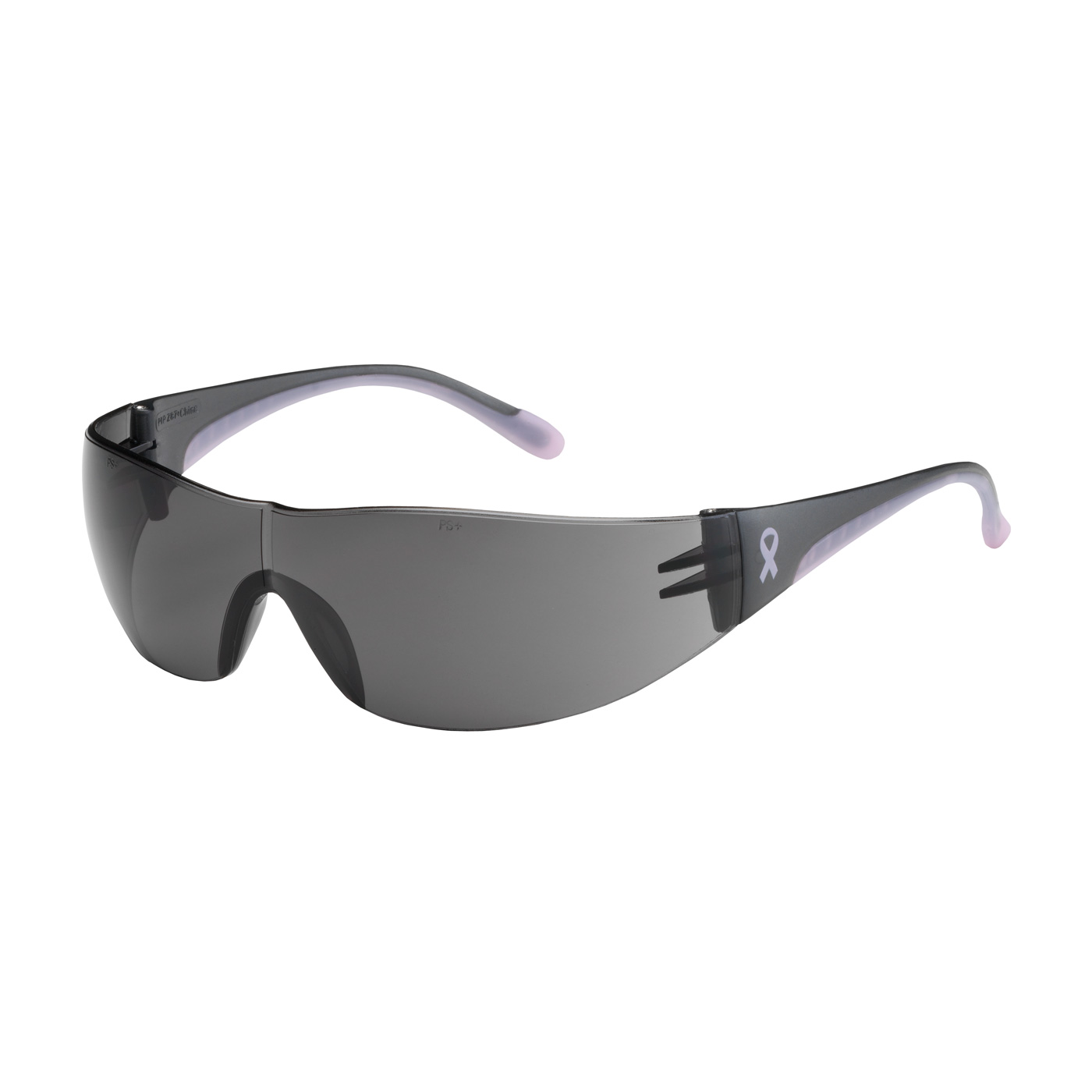 RIMLESS SAFETY GLASSES WITH GRAY / PINK TEMPLE, GRAY LENS AND ANTI-SCRATCH COATING