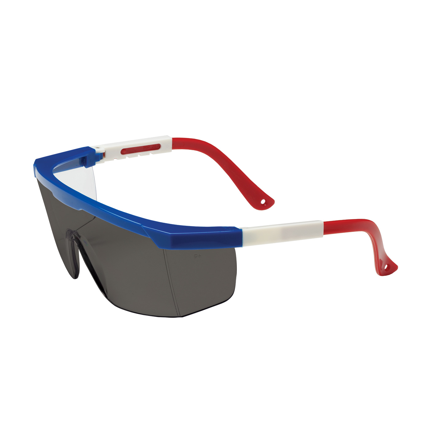SEMI-RIMLESS SAFETY GLASSES WITH RED / WHITE / BLUE FRAME, GRAY LENS AND ANTI-SCRATCH COATING