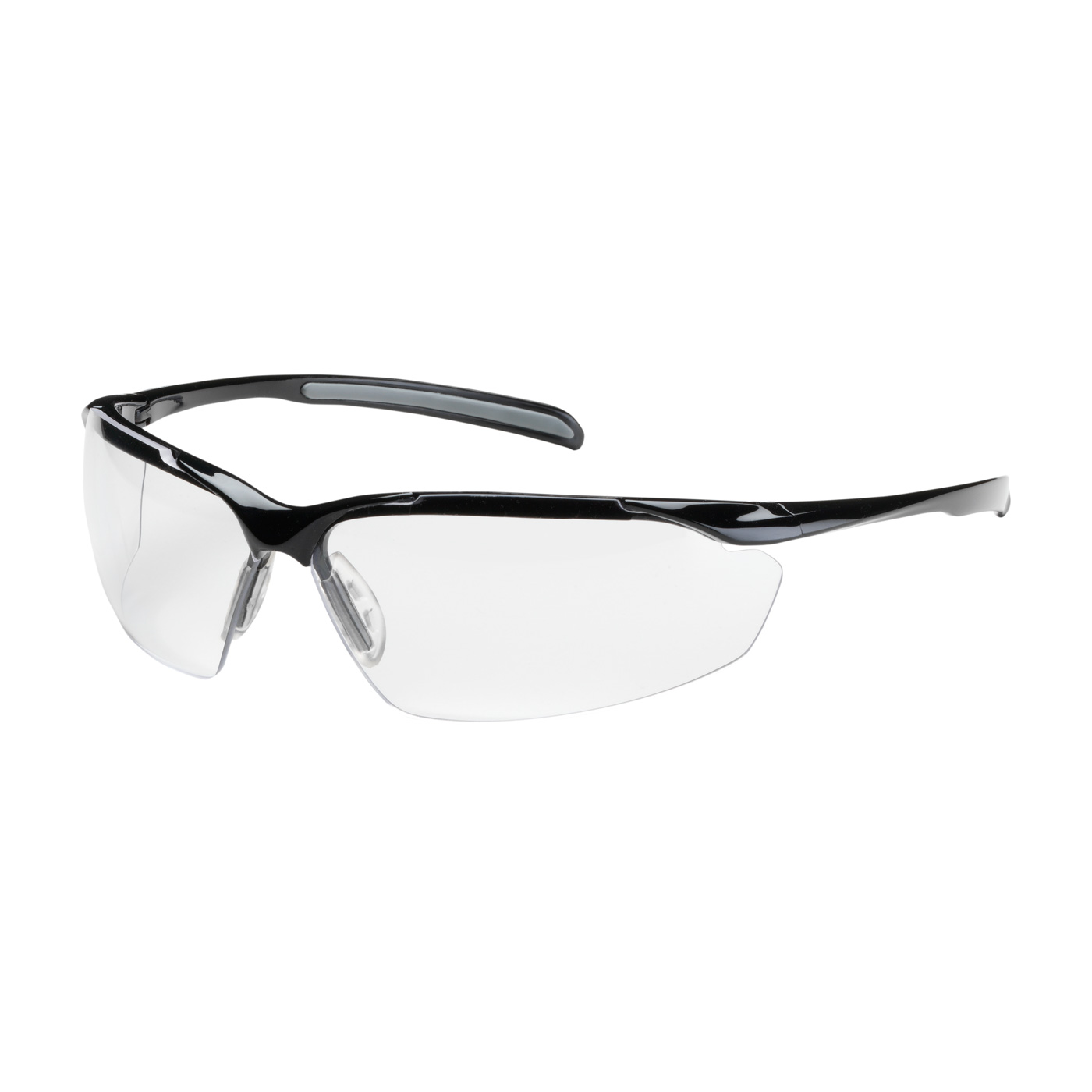 SEMI-RIMLESS SAFETY GLASSES WITH GLOSS BLACK FRAME, CLEAR LENS AND ANTI-SCRATCH / ANTI-FOG COATING