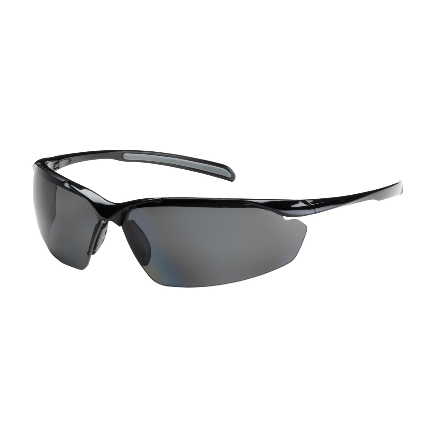 SEMI-RIMLESS SAFETY GLASSES WITH GLOSS BLACK FRAME, POLARIZED GRAY LENS AND ANTI-SCRATCH COATING
