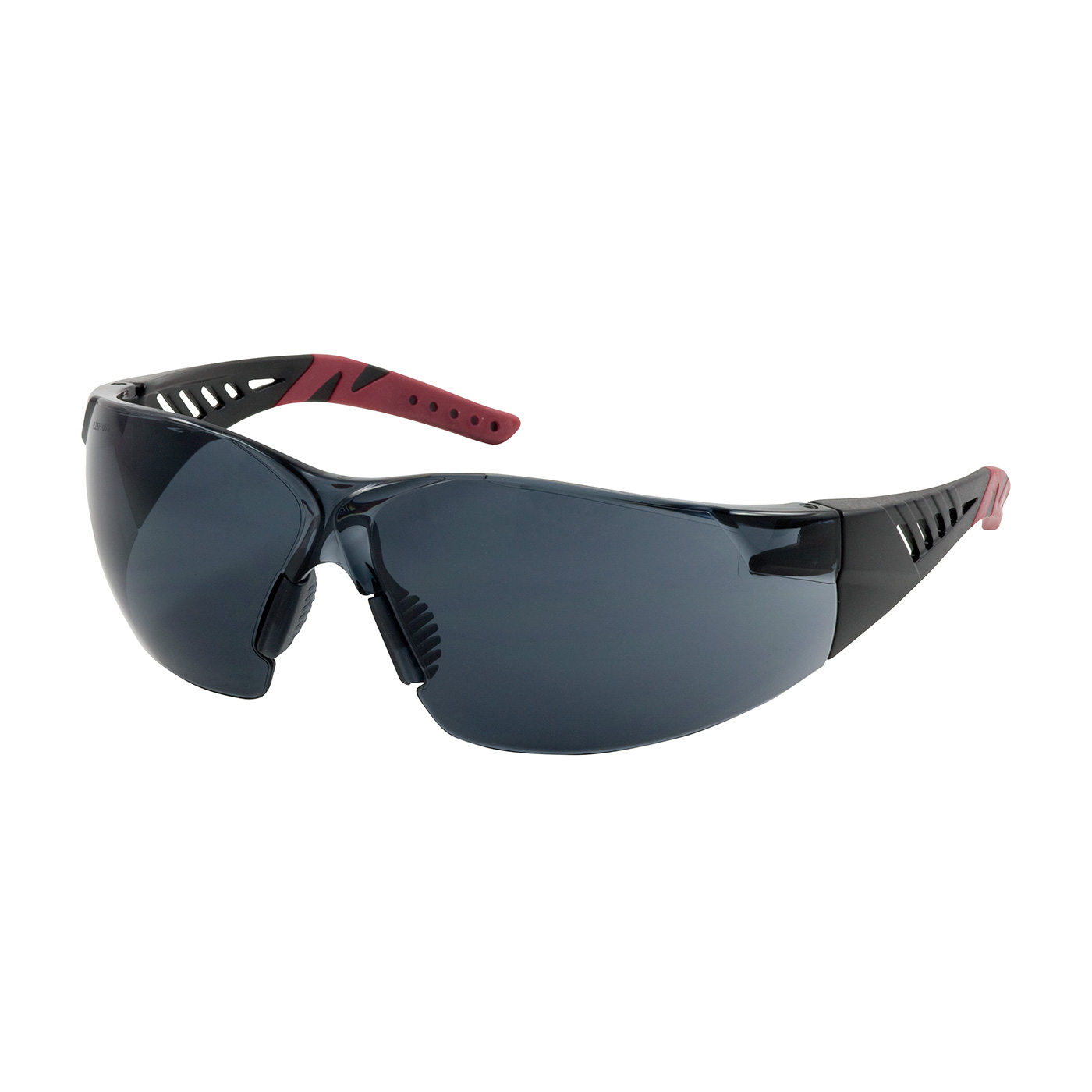 RIMLESS SAFETY GLASSES WITH BLACK / BURGUNDY TEMPLES, GRAY LENS AND ANTI-SCRATCH / ANTI-FOG COATING