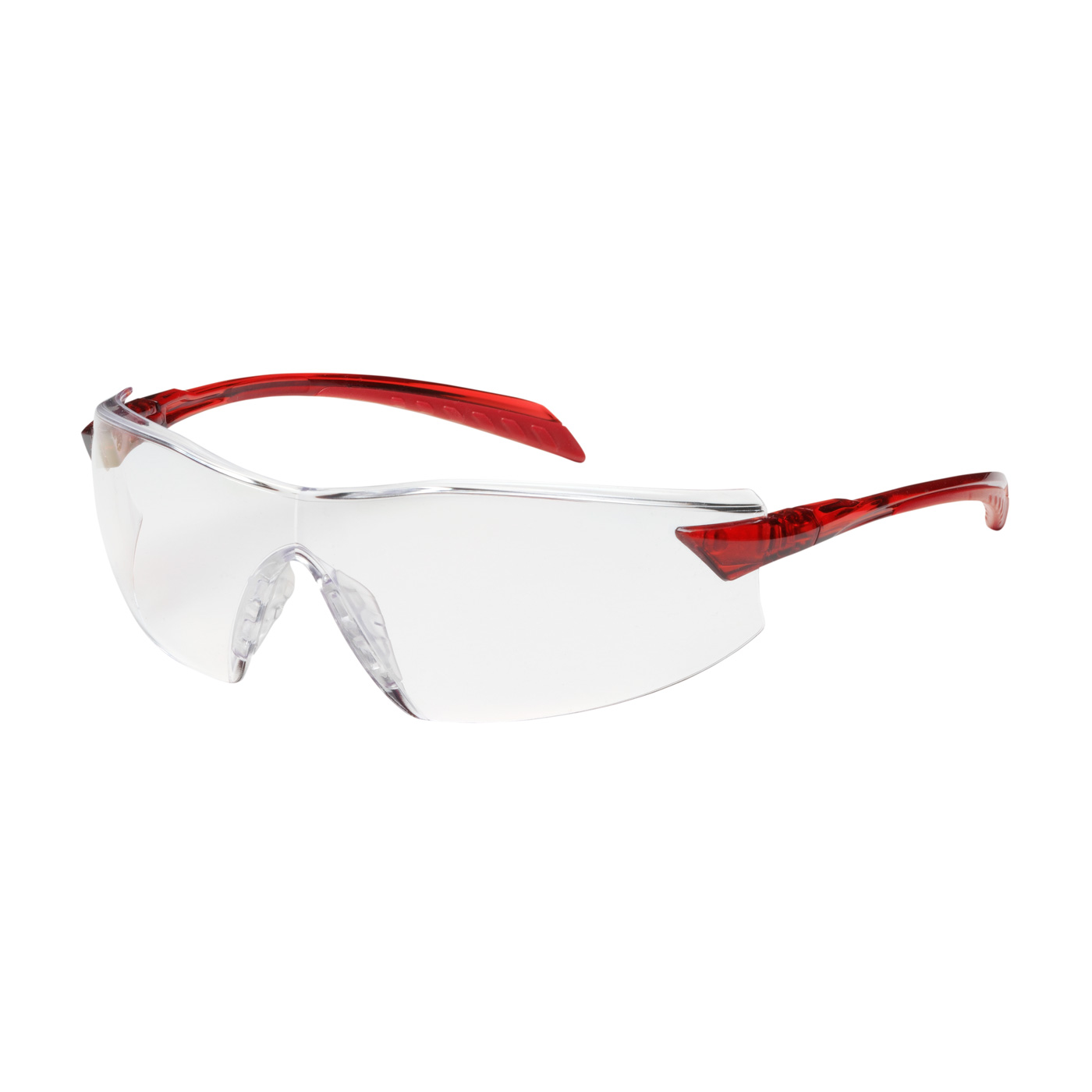 RIMLESS SAFETY GLASSES WITH RED TEMPLE, CLEAR LENS AND ANTI-SCRATCH / ANTI-FOG COATING
