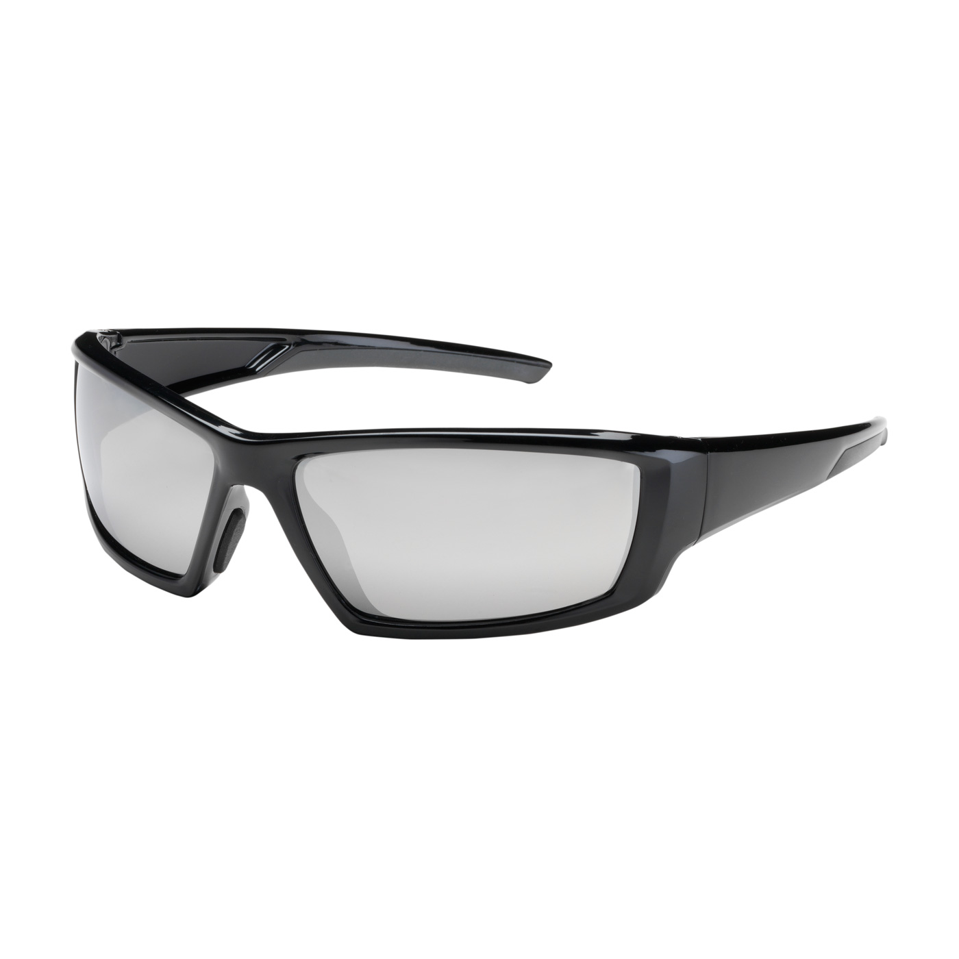 FULL FRAME SAFETY GLASSES WITH BLACK FRAME, SILVER MIRROR PLUS LENS AND ANTI-SCRATCH / ANTI-REFLECTIVE COATING