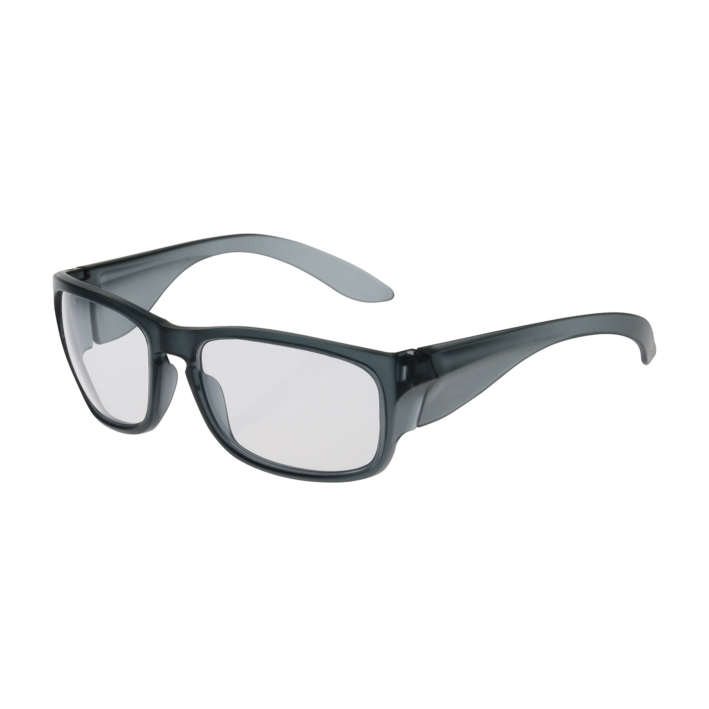 FULL FRAME SAFETY GLASSES WITH TRANSLUCENT CHARCOAL FRAME, CLEAR LENS AND ANTI-SCRATCH / ANTI-FOG COATING