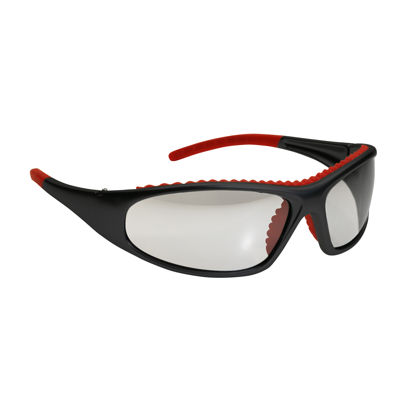 FULL FRAME SAFETY GLASSES WITH BLACK / RED FRAME, CLEAR LENS AND ANTI-SCRATCH / ANTI-FOG COATING