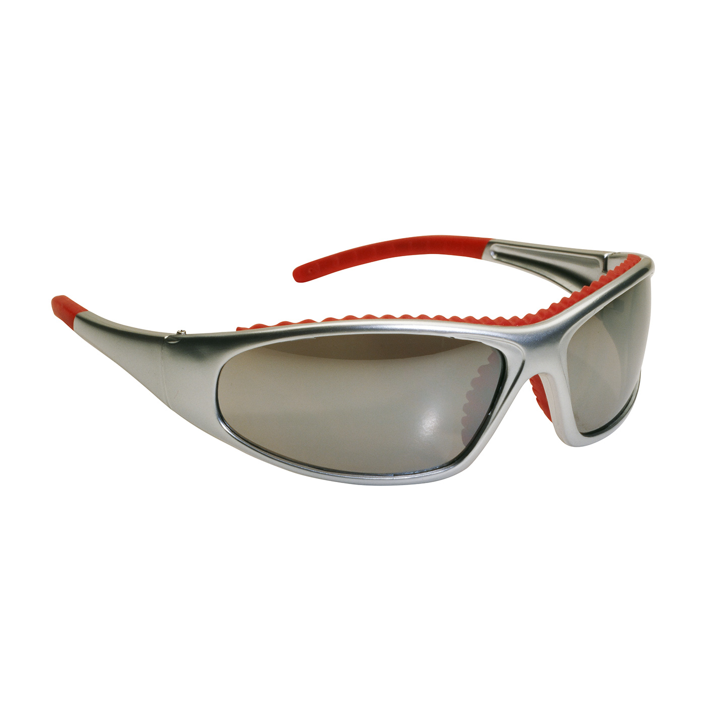 FULL FRAME SAFETY GLASSES WITH SILVER / RED FRAME, RED MIRROR LENS AND ANTI-SCRATCH / ANTI-FOG COATING