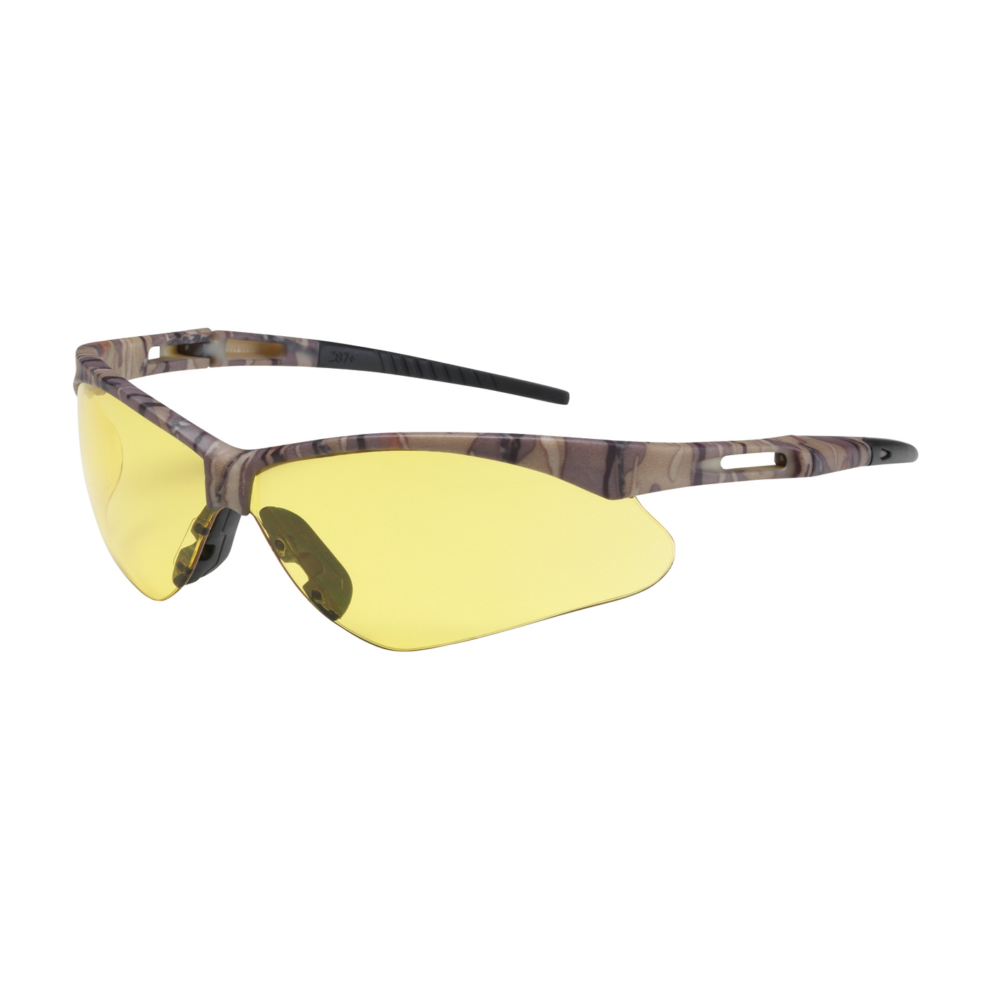 SEMI-RIMLESS SAFETY GLASSES WITH CAMOUFLAGE FRAME, AMBER LENS AND ANTI-SCRATCH COATING