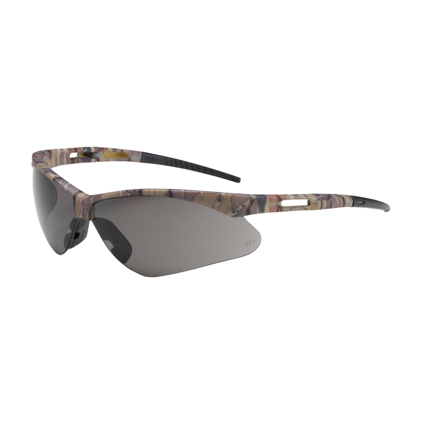 SEMI-RIMLESS SAFETY GLASSES WITH CAMOUFLAGE FRAME, GRAY LENS AND ANTI-SCRATCH COATING