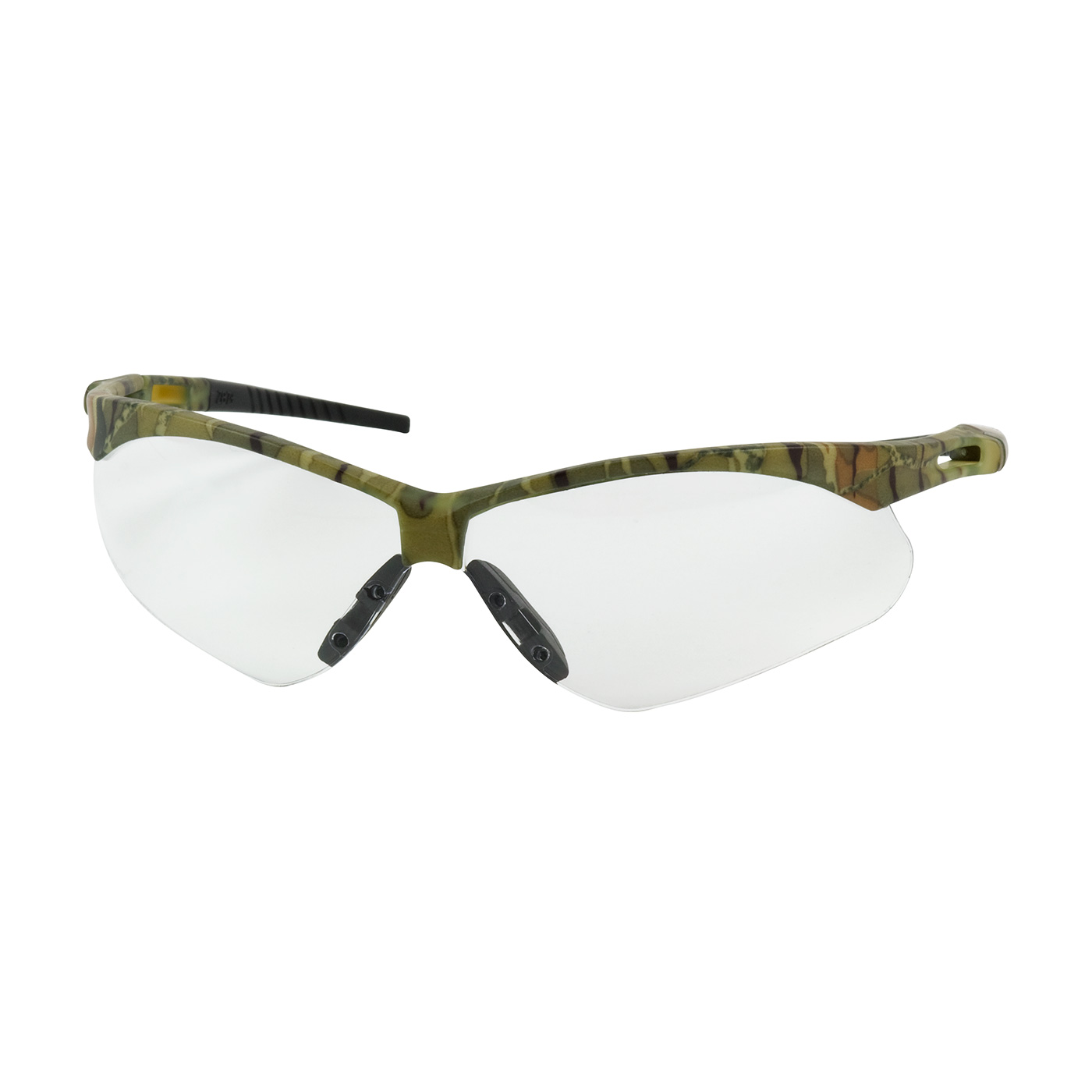 SEMI-RIMLESS SAFETY GLASSES WITH CAMOUFLAGE FRAME, CLEAR LENS AND ANTI-SCRATCH / ANTI-FOG COATING