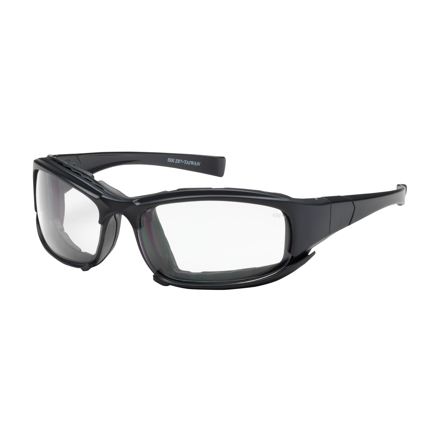 FULL FRAME SAFETY GLASSES WITH BLACK FRAME, RUBBER FOAM PADDING, CLEAR LENS AND ANTI-SCRATCH / ANTI-FOG COATING