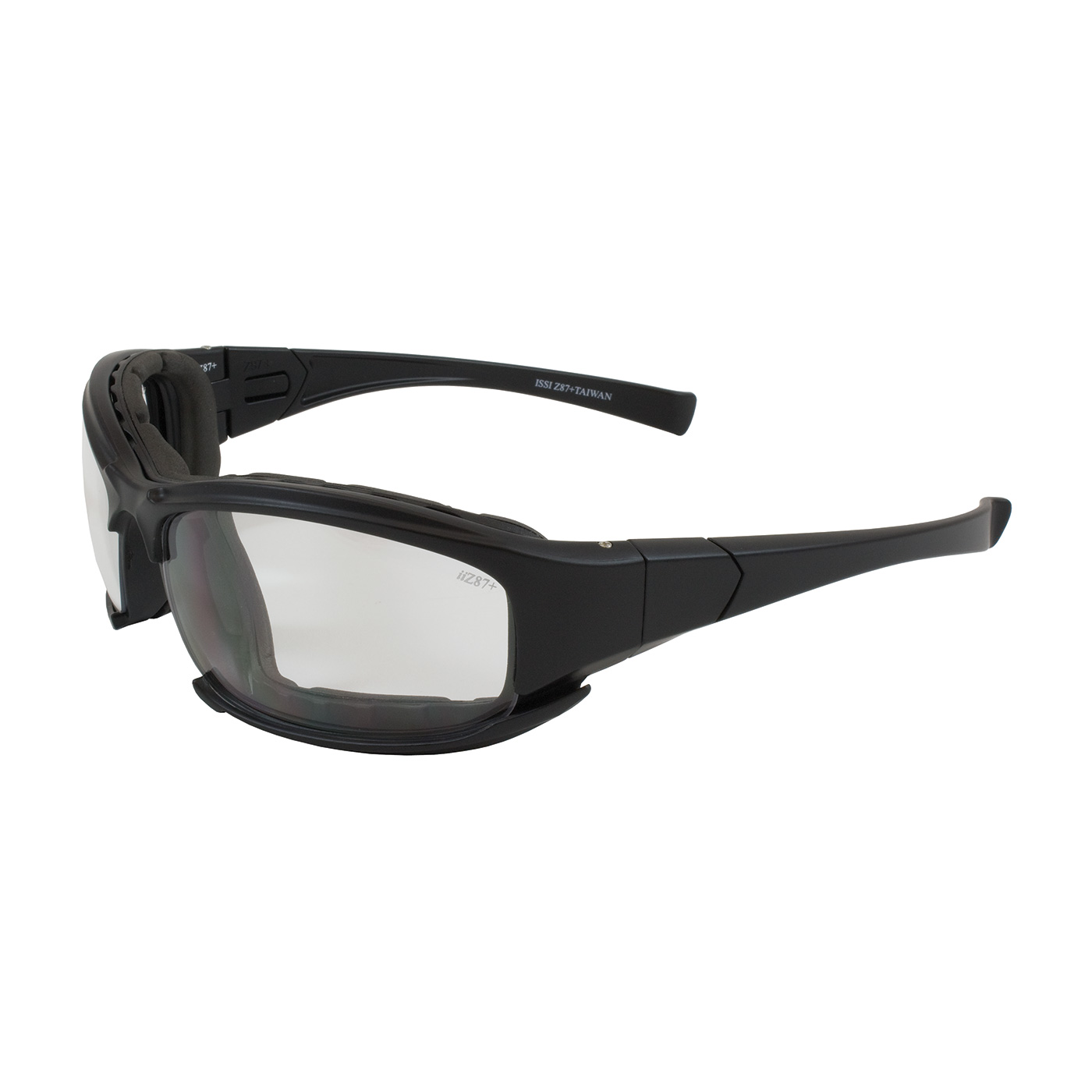 FULL FRAME SAFETY GLASSES WITH BLACK FRAME, RUBBER FOAM PADDING, CLEAR LENS AND ANTI-SCRATCH / ANTI-FOG COATING