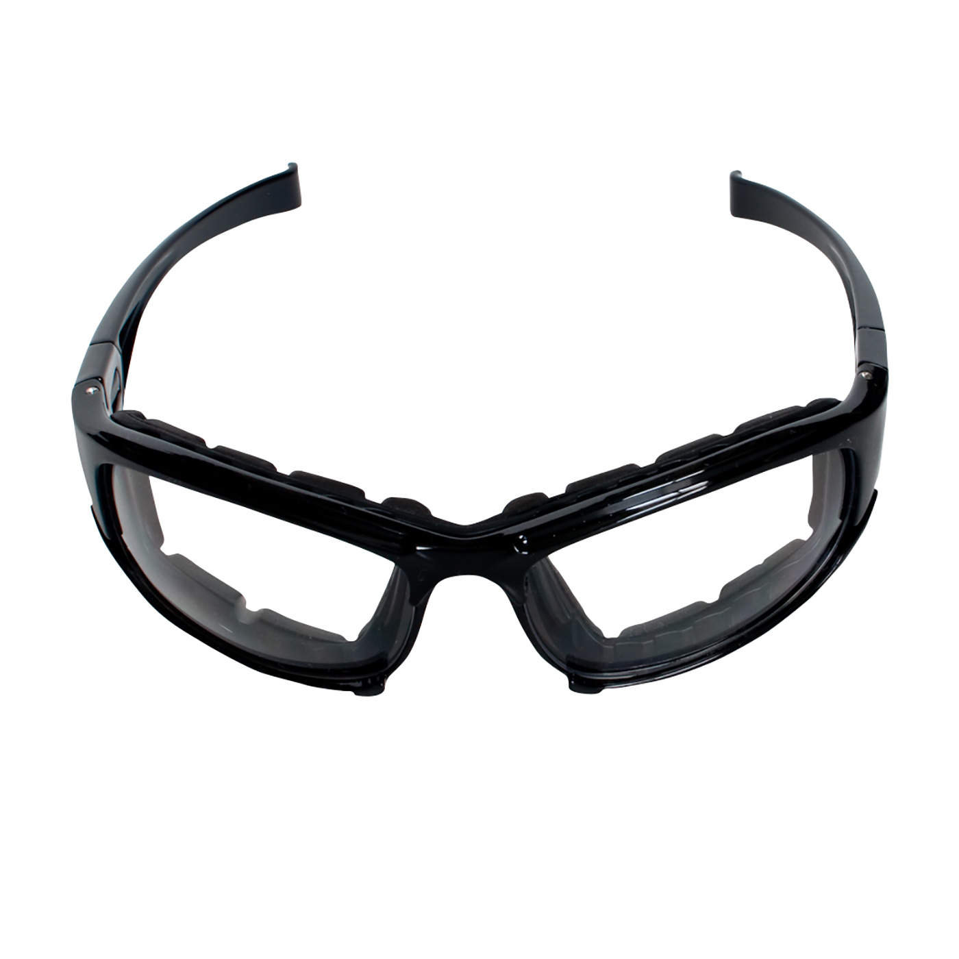 FULL FRAME SAFETY GLASSES WITH BLACK FRAME, RUBBER FOAM PADDING, CLEAR LENS AND ANTI-SCRATCH / ANTI-FOG COATING