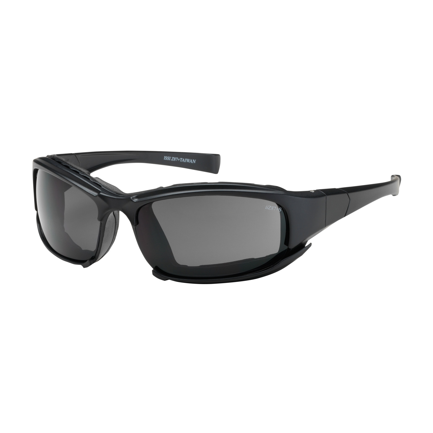 FULL FRAME SAFETY GLASSES WITH BLACK FRAME, RUBBER FOAM PADDING, GRAY LENS AND ANTI-SCRATCH / ANTI-FOG COATING
