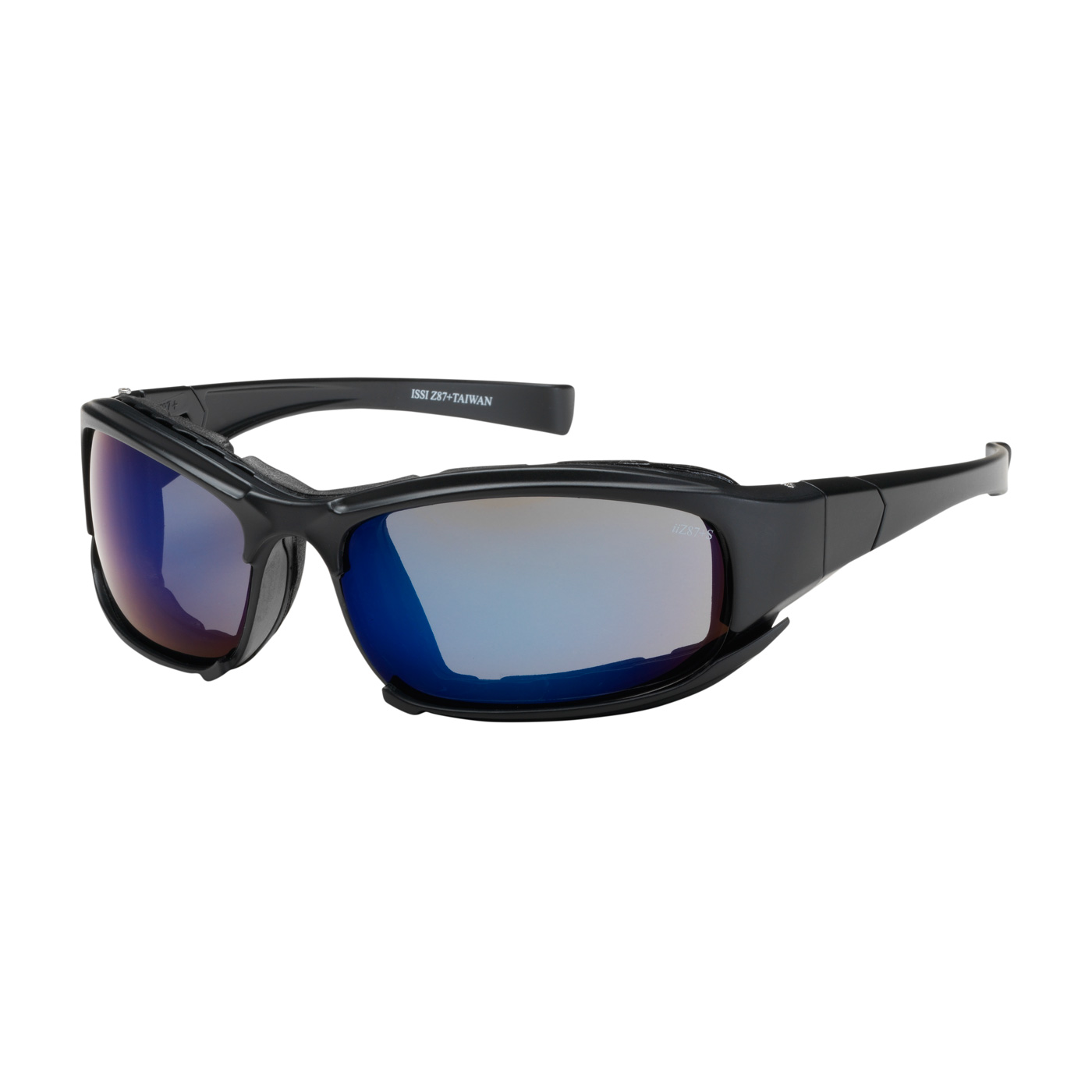 FULL FRAME SAFETY GLASSES WITH BLACK FRAME, RUBBER FOAM PADDING, BLUE MIRROR LENS AND ANTI-SCRATCH / ANTI-FOG COATING