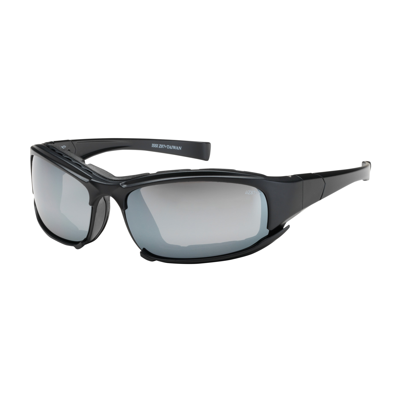 FULL FRAME SAFETY GLASSES WITH BLACK FRAME, RUBBER FOAM PADDING, SILVER MIRROR LENS AND ANTI-SCRATCH / ANTI-FOG COATING
