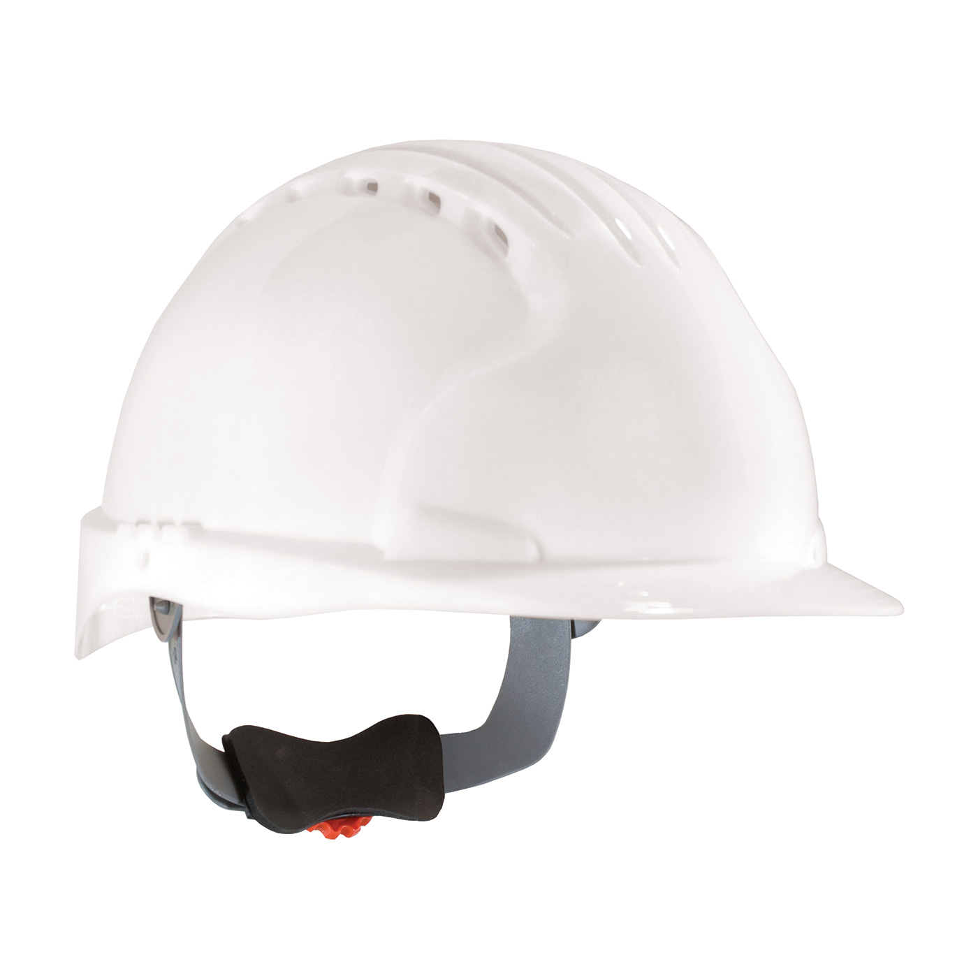 STANDARD BRIM, VENTED HARD HAT WITH HDPE SHELL, 6-POINT POLYESTER SUSPENSION AND WHEEL RATCHET ADJUSTMENT