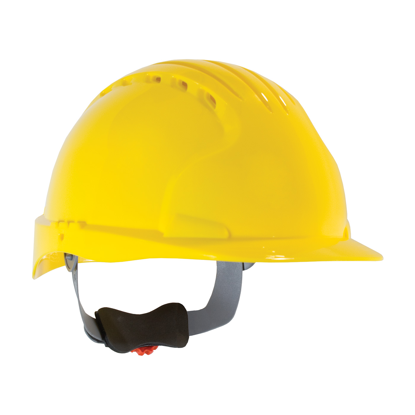 STANDARD BRIM, VENTED HARD HAT WITH HDPE SHELL, 6-POINT POLYESTER SUSPENSION AND WHEEL RATCHET ADJUSTMENT