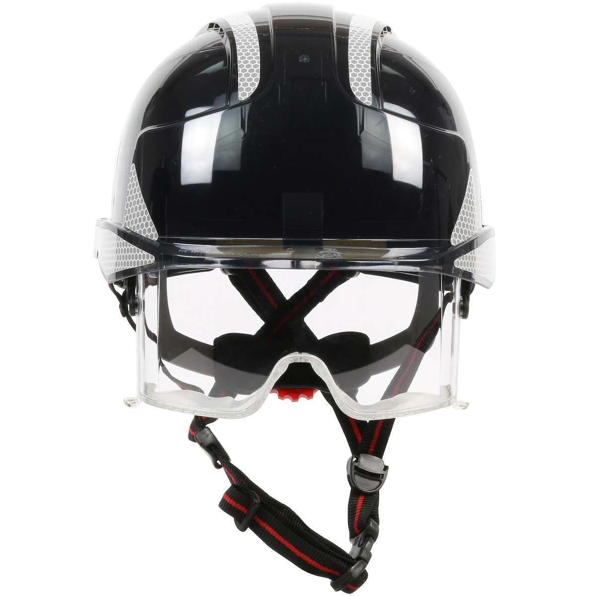 TYPE I, VENTED INDUSTRIAL SAFETY HELMET WITH FULLY ADJUSTABLE FOUR POINT CHINSTRAP, LIGHTWEIGHT ABS SHELL, INTEGRATED ANSI Z87.1 EYE PROTECTION, 6-POINT POLYESTER SUSPENSION AND WHEEL RATCHET ADJUSTMENT