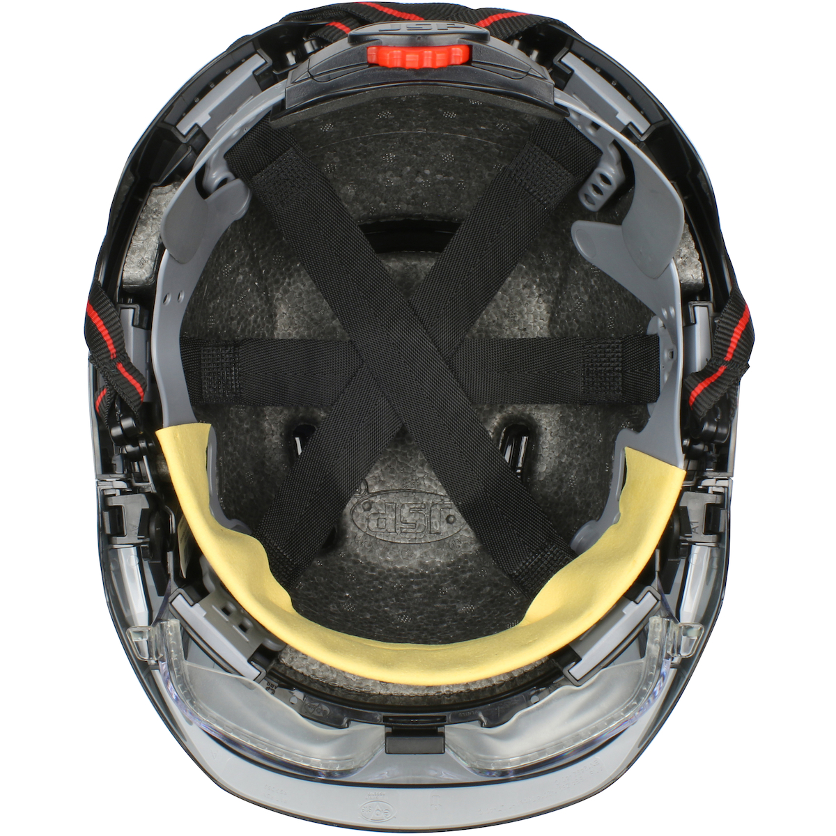 TYPE I, VENTED INDUSTRIAL SAFETY HELMET WITH FULLY ADJUSTABLE FOUR POINT CHINSTRAP, LIGHTWEIGHT ABS SHELL, INTEGRATED ANSI Z87.1 EYE PROTECTION, 6-POINT POLYESTER SUSPENSION AND WHEEL RATCHET ADJUSTMENT
