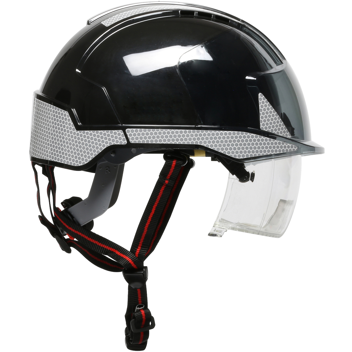 TYPE I, VENTED INDUSTRIAL SAFETY HELMET WITH FULLY ADJUSTABLE FOUR POINT CHINSTRAP, LIGHTWEIGHT ABS SHELL, INTEGRATED ANSI Z87.1 EYE PROTECTION, 6-POINT POLYESTER SUSPENSION AND WHEEL RATCHET ADJUSTMENT