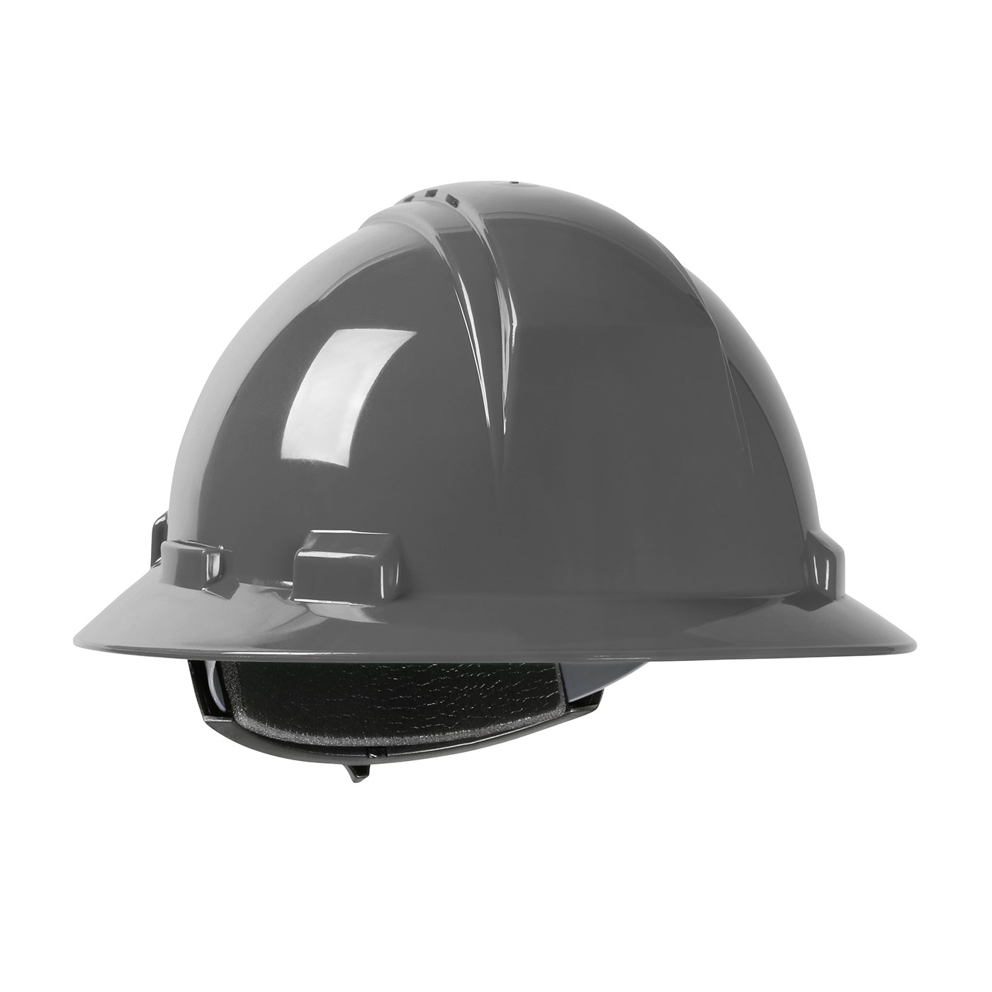 VENTED, FULL BRIM HARD HAT WITH HDPE SHELL, 4-POINT TEXTILE SUSPENSION AND WHEEL RATCHET ADJUSTMENT