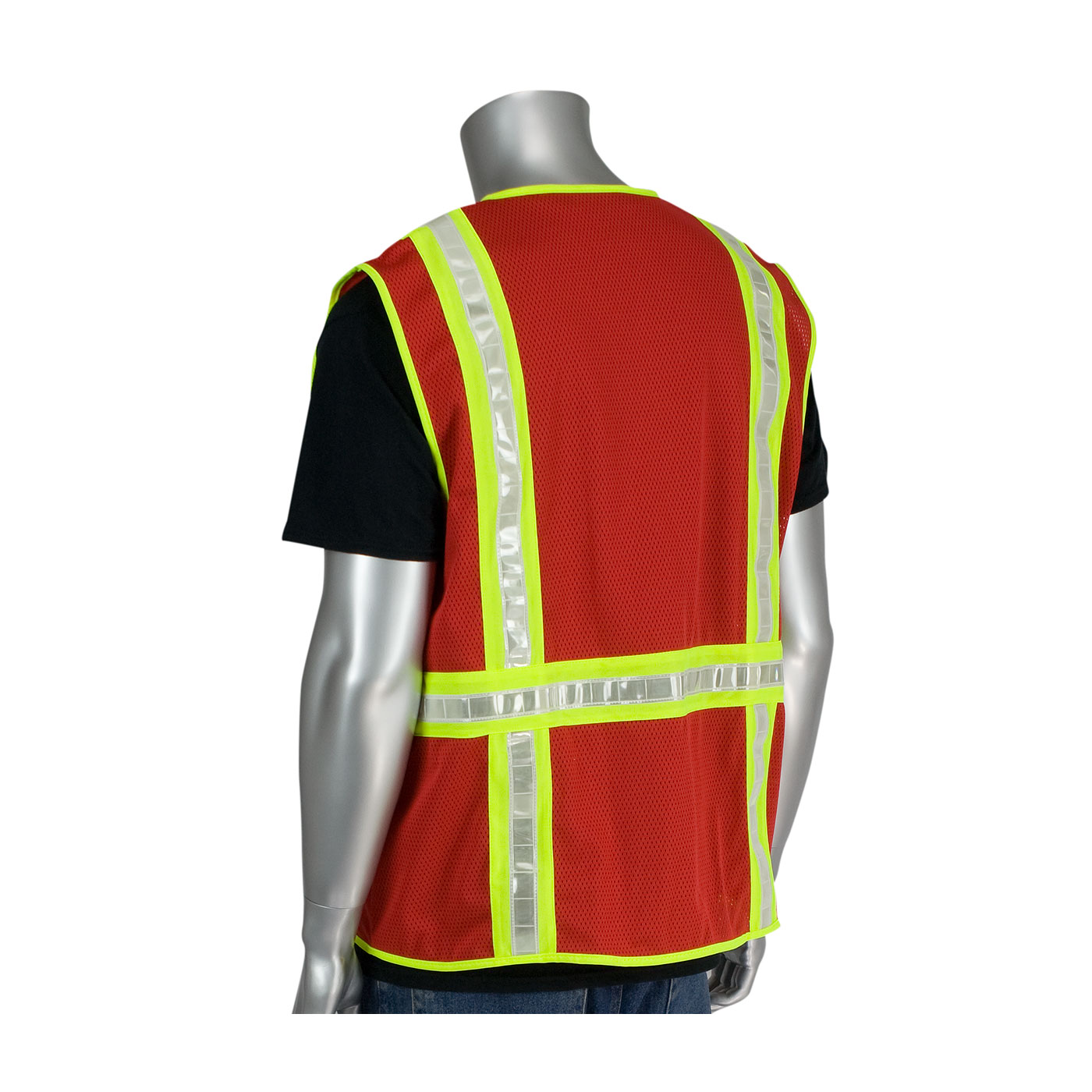 NON-ANSI SURVEYOR`S STYLE SAFETY VEST WITH A SOLID FRONT, MESH BACK AND PRISMATIC TAPE
