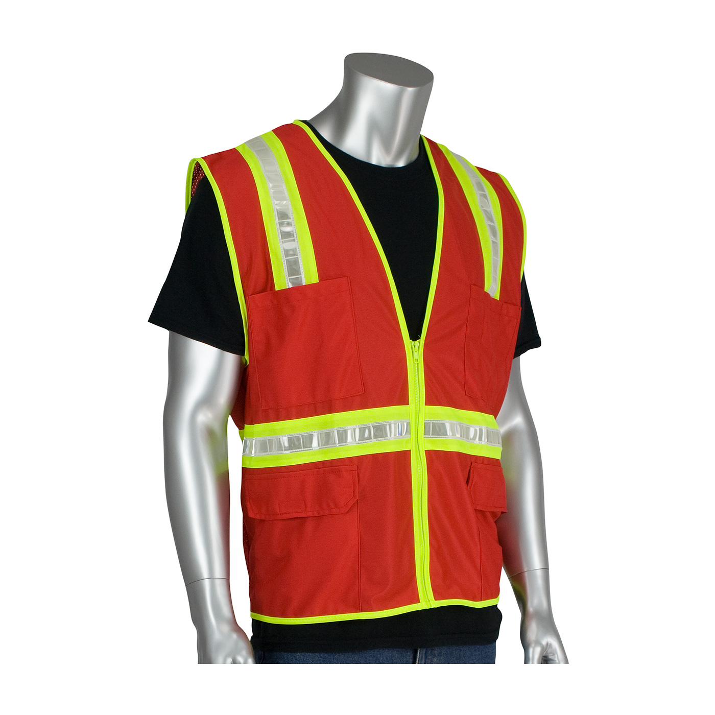 NON-ANSI SURVEYOR`S STYLE SAFETY VEST WITH A SOLID FRONT, MESH BACK AND PRISMATIC TAPE