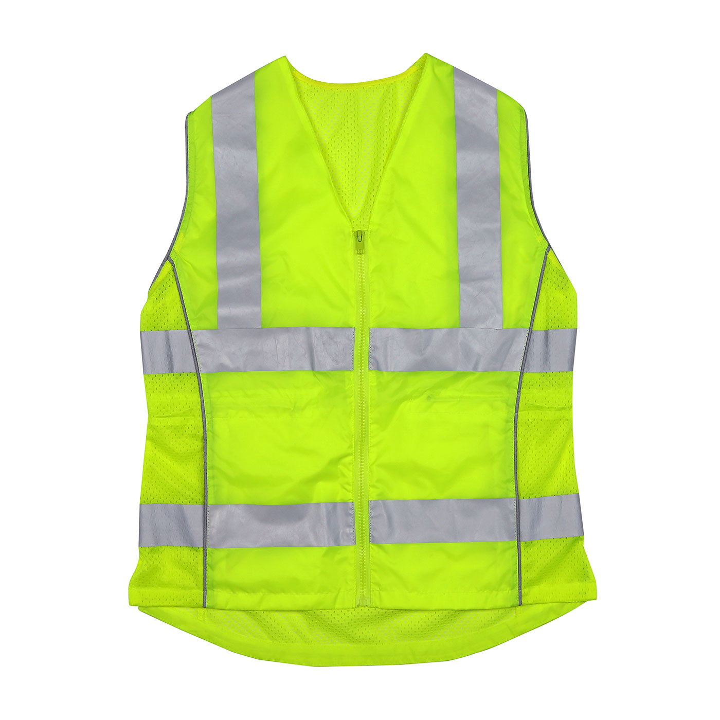 ANSI TYPE R CLASS 2 WOMAN`S CONTOURED VEST WITH SOLID FRONT, MESH BACK AND ADJUSTABLE WAIST