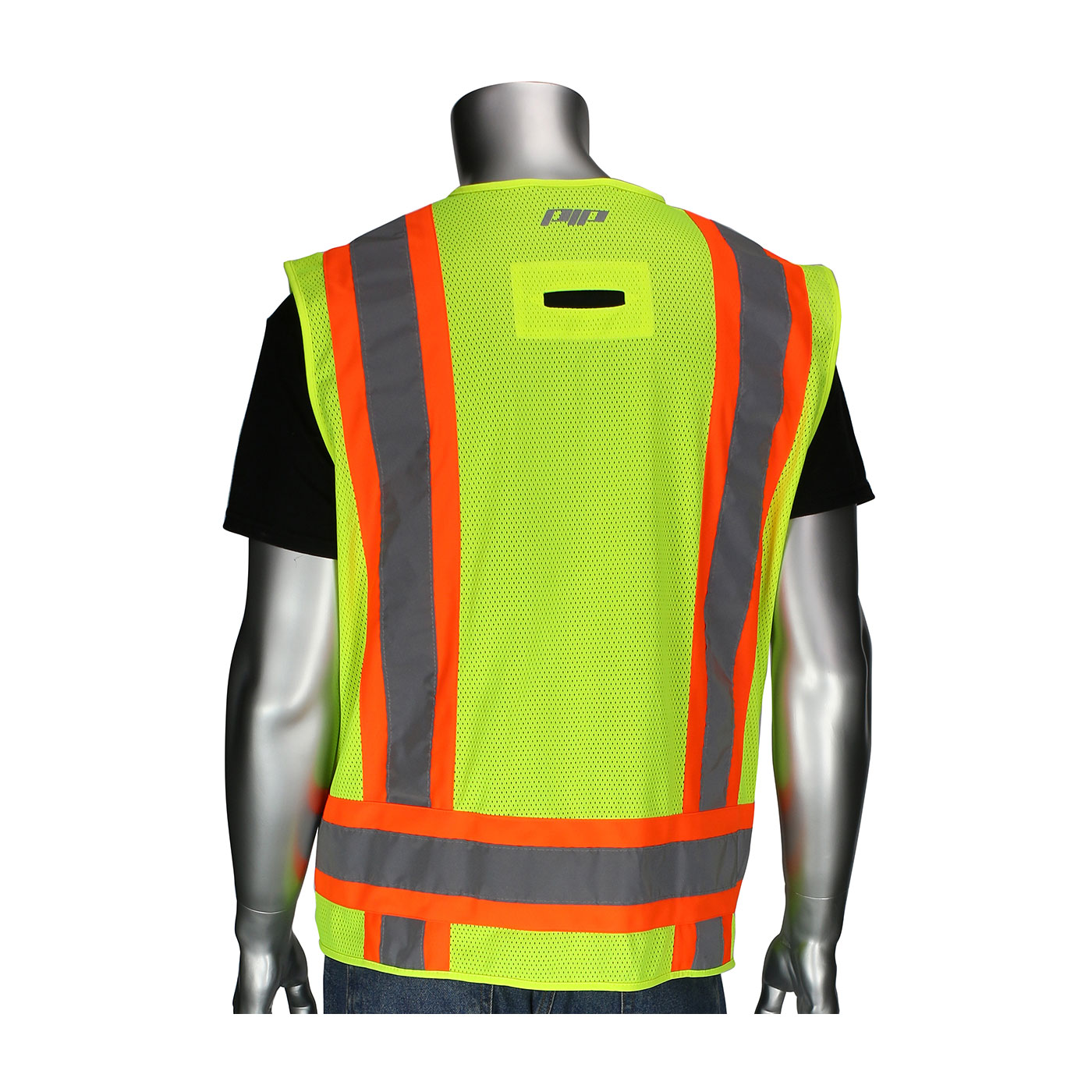 ANSI TYPE R CLASS 2 TWO-TONE ELEVEN POCKET SURVEYORS VEST WITH SOLID FRONT, MESH BACK  AND "D" RING ACCESS