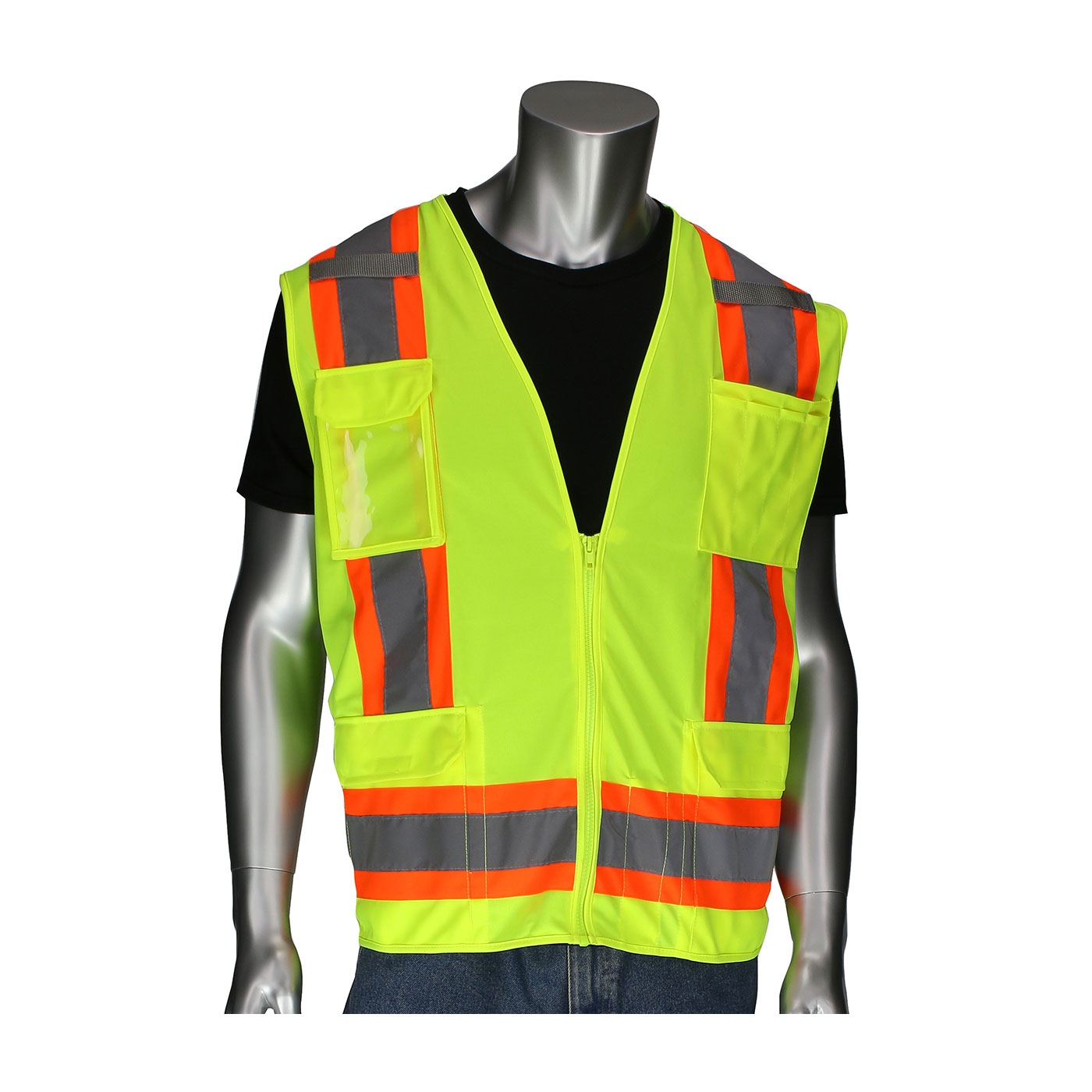ANSI TYPE R CLASS 2 TWO-TONE ELEVEN POCKET SURVEYORS VEST WITH SOLID FRONT, MESH BACK  AND "D" RING ACCESS
