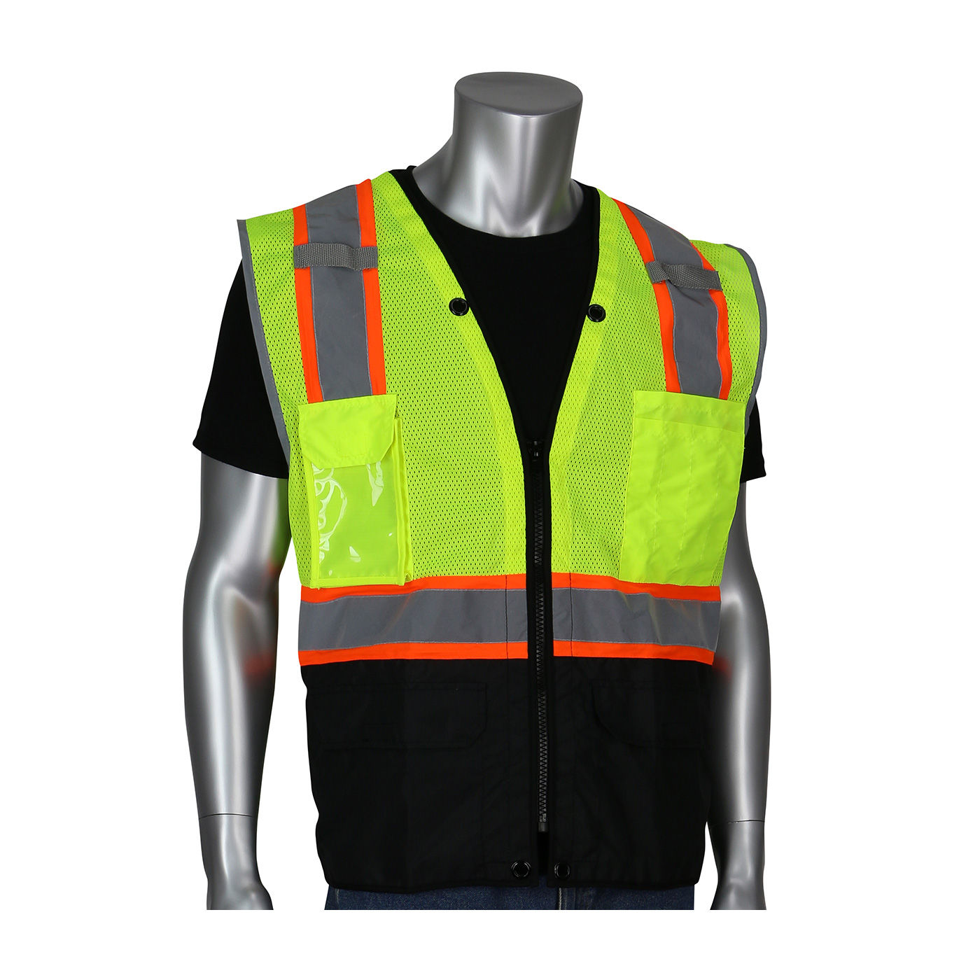 ANSI TYPE R CLASS 2 TWO-TONE ELEVEN POCKET TECH-READY MESH SURVEYORS VEST WITH RIPSTOP BLACK BOTTOM FRONT AND "D" RING ACCESS